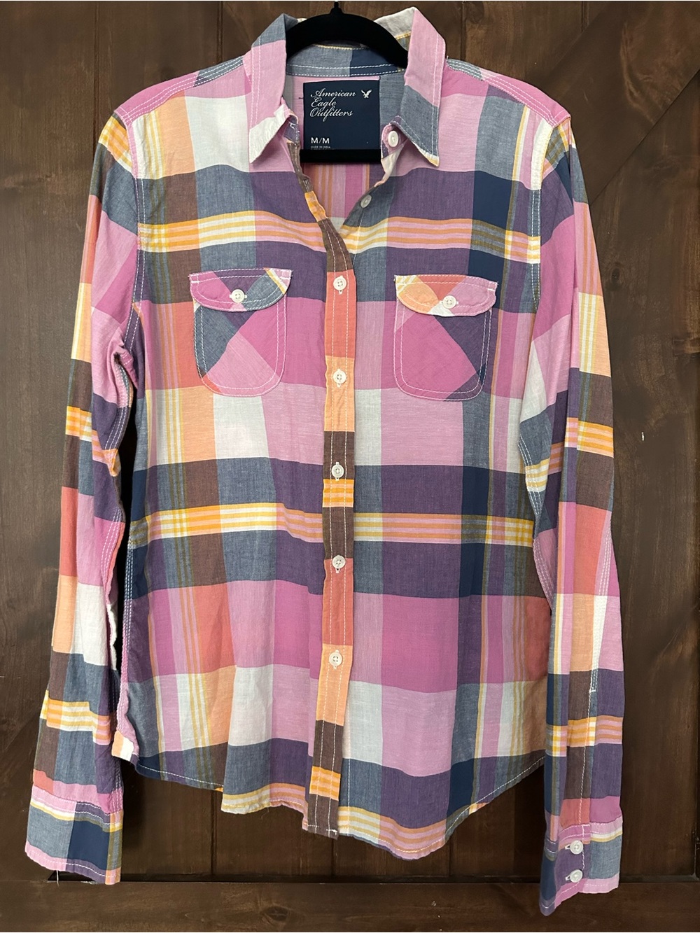 American Eagle Outfitters Pink and Purple Plaid Button-Down Shirt